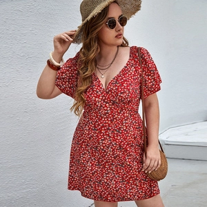 Women's Plus Size V Neck Floral Print Dress Short Sleeve High Waist A-Line Mini Beach Holiday Casual Summer Dress