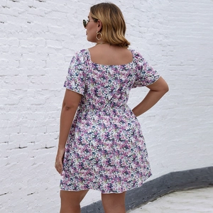 Floral short sleeve V-neck dress with elastic waist in pink and purple print