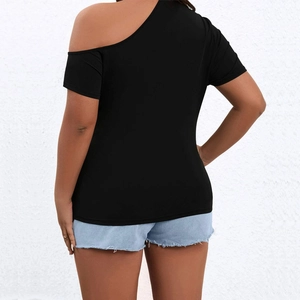 Women's black off-shoulder slim knit t-shirt paired with denim shorts for a summer look