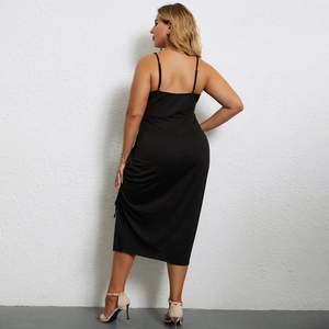 Elegant plus size black V-neck spaghetti strap midi dress with back view silhouette