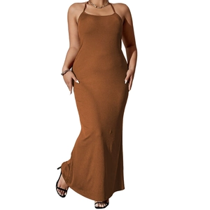 Elegant dark brown halter neck knitted maxi dress with backless bodycon mermaid fit