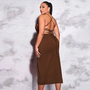 Plus size chocolate brown backless dress with ruched details and a slim fit cut