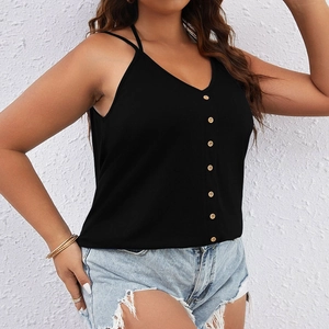Detail view of black V-neck tank top featuring cylindrical buttons and a chic halter design