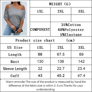 Plus size off-shoulder top size chart with US sizes and detailed fabric composition