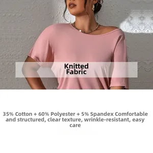 Detail of pink knitted fabric texture showing 35% cotton, 60% polyester, 5% spandex blend
