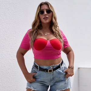 Slim fit contrast panel crop top with pink and red stitch detail for summer fashion