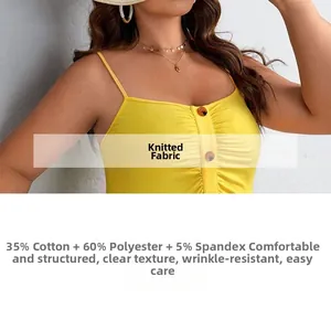 Detail of yellow knitted camisole showing V-neckline with ruffle trim and brown buttons