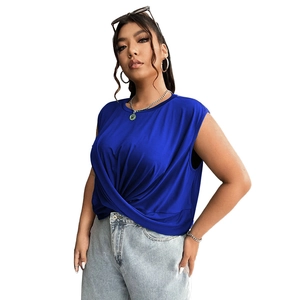 Royal blue sleeveless crew neck top with stylish front knot detail and ribbed knit texture