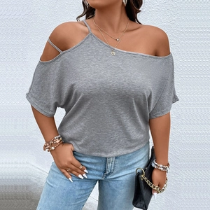 Women Plus Size Cold Shoulder T-Shirt Casual Skew Neck Asymmetric Short Sleeve Knitted Top Cotton Blend Gray Summer Clothing