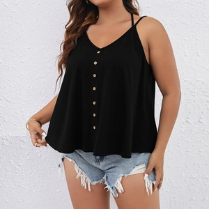 Women's plus size black V-neck tank top with decorative buttons and casual loose A-line fit