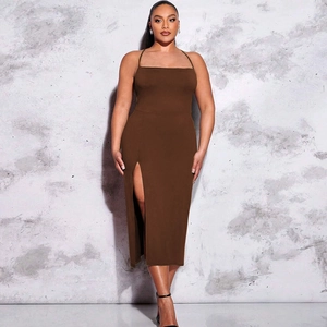 Slim fit dark brown backless midi dress with spaghetti straps and high side slit