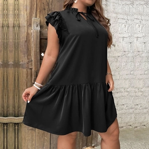 Women's plus size loose casual black dress with ruffle sleeves and drawstring neck