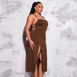 Chocolate brown bodycon midi dress with side cut-out detailing and high slit for women
