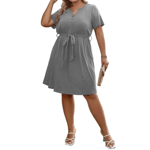 Grey V-neck short sleeve A-line dress with waist tie and decorative buttons