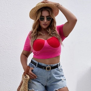 Plus Size Slim Fit Square Neck Short Sleeve T-Shirt Women Crop Top Rose Red Contrast Colorblock Summer Fashion Tee