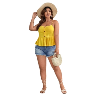 Women's summer yellow peplum tank top with ruffle hem and decorative buttons design