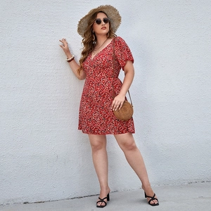 Women's V-neck red floral dress with short ruffle sleeves and a cinched waist design