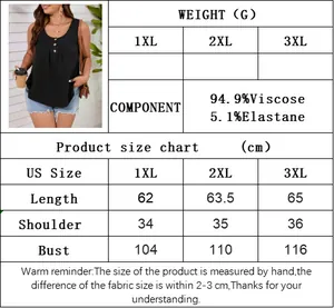 Size chart for plus size viscose knit tank top showing measurements and fabric composition