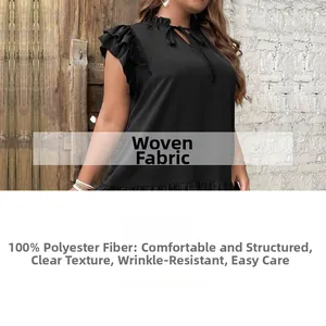 Close-up of ruffled high neck and drawstring ties on black sleeveless woven dress