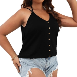 Women's plus size black V-neck tank top with decorative buttons and double spaghetti straps