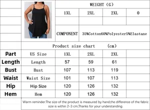 Size chart for plus size black tank top with cotton polyester blend material details