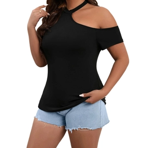 Women's black off-shoulder slim knit t-shirt with a stylish halter neck and short sleeves