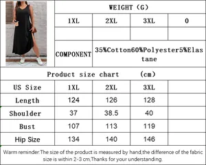 Detailed size chart and fabric composition for V-neck A-line summer dress with slit