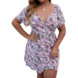 Summer V-neck short sleeve floral mini dress with cinched waist and pleated A-line skirt
