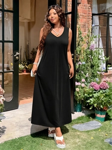 Plus Size Women Sleeveless V-Neck Maxi Dress Casual Side Slit Knitted Cotton Blend High Waist A-Line Long Dress Holiday
