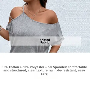 Macro detail of grey off-shoulder knit top showing 35% cotton and 60% polyester fabric texture