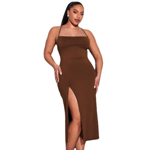 Elegant brown halter neck maxi dress with slim fit silhouette and sexy side high slit