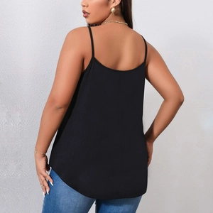 Rear view of plus size black camisole with U-shaped back and curved hem for women