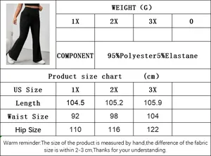 Detailed size chart for plus size high waist black flare pants with material specifications