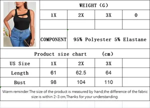 Size chart for plus size asymmetrical hollow tank top with fabric composition details