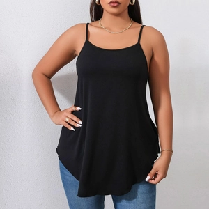 Women's casual black tank top with spaghetti straps and a round curved hemline design