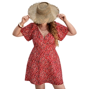 Red floral V-neck dress with ruffled sleeves for casual summer beach vacation