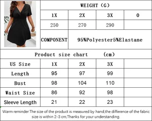 Size chart for plus size V-neck A-line dress with material details and measurements