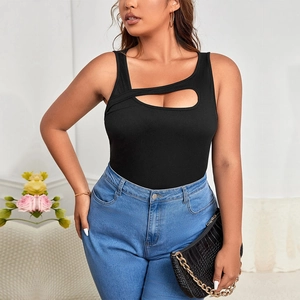Women Plus Size Ribbed Knit Tank Top Hollow Cutout Asymmetric Strap Slim Fit Solid Black Vest Summer Casual Sleeveless Top