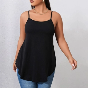 Close-up detail of soft black tank top fabric with thin straps and curved hemline