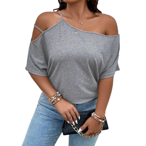 Women's grey off-the-shoulder short sleeve tee with loose fit and asymmetric shoulder strap