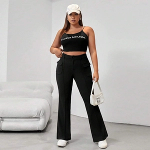 Women black crop top with slogan and retro flared trousers with flap pockets
