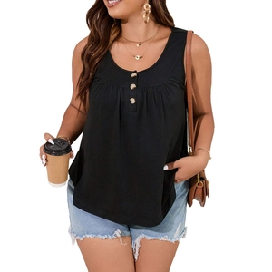 Plus size black sleeveless knit top with U-neck and decorative front buttons in a casual fit