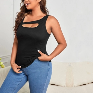 Slim fit black ribbed knit crop top featuring asymmetric shoulder and chest cutout detail