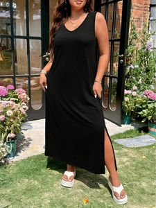 Elegant black sleeveless V-neck maxi dress with side slit and casual A-line knit design
