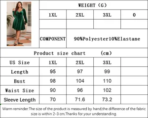 Guide des tailles pour robe en velours col V avec mesures de longueur, buste et taille