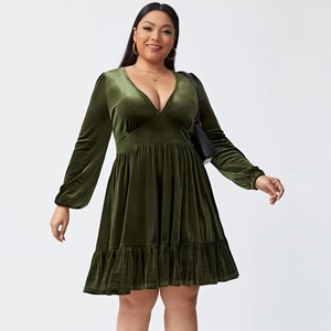Women Plus Size Velvet Dress Deep V Neck Long Sleeve High Waist Ruffle Hem Elegant Party Cocktail Mini A-Line Dress