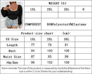 Detailed size guide for women's slim fit puff sleeve bodysuit in 1XL to 3XL plus sizes