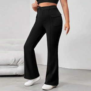 Women's black high-waisted flare trousers with decorative seams and flap side pocket