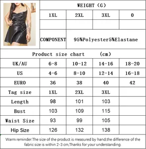 Detailed size chart for plus size satin slip dress with UK/US/EU conversions and measurements