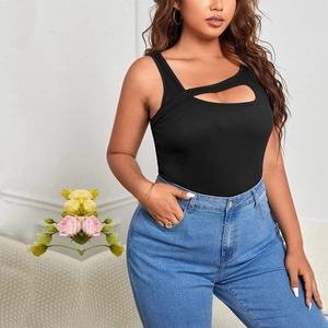 Asymmetric ribbed crop top in black with hollow-out chest design and stylish cutout straps